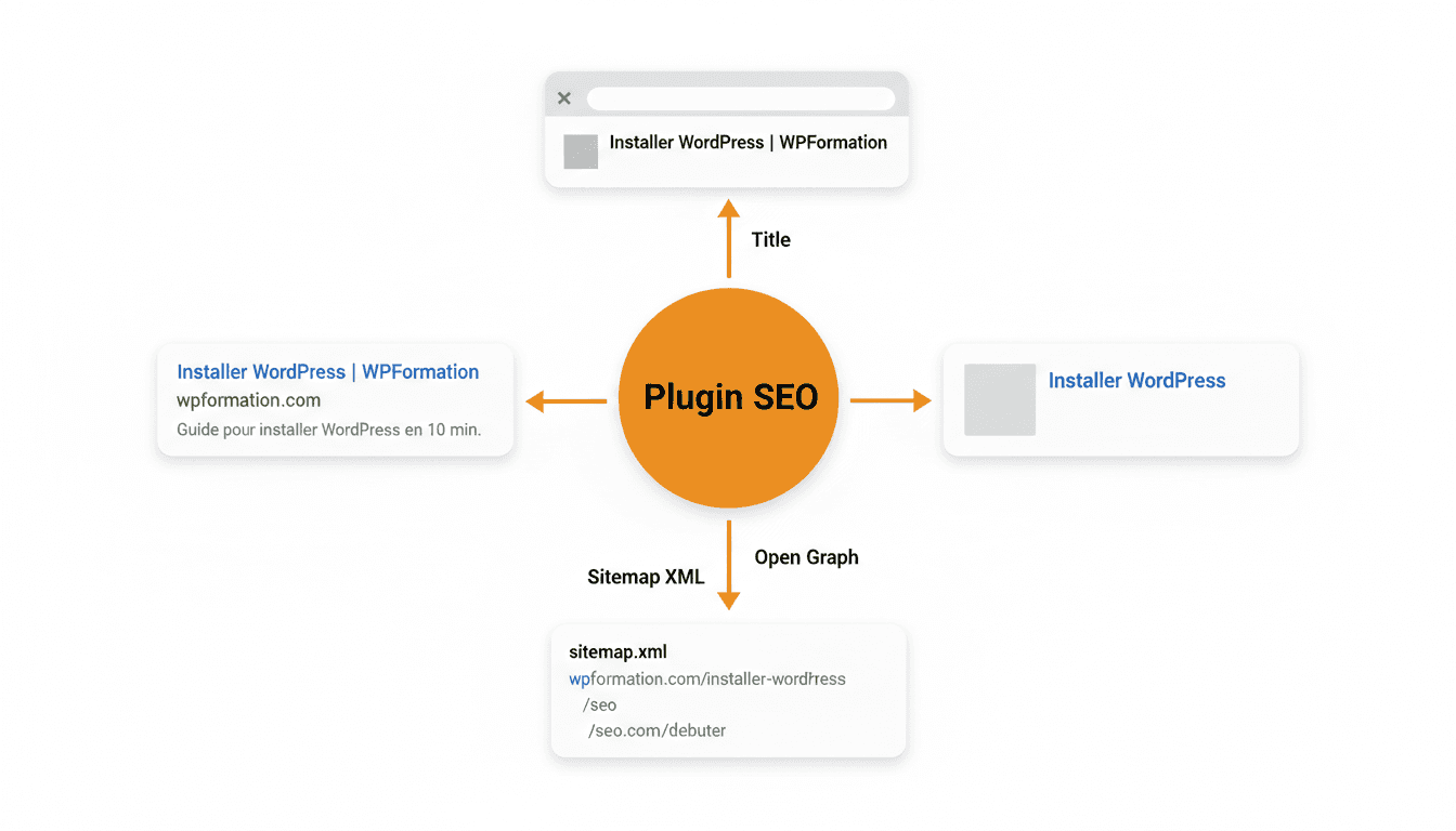 Sch&eacute;ma montrant les 4 fonctions principales d'un plugin SEO WordPress : balise title, meta description, Open Graph et sitemap XML