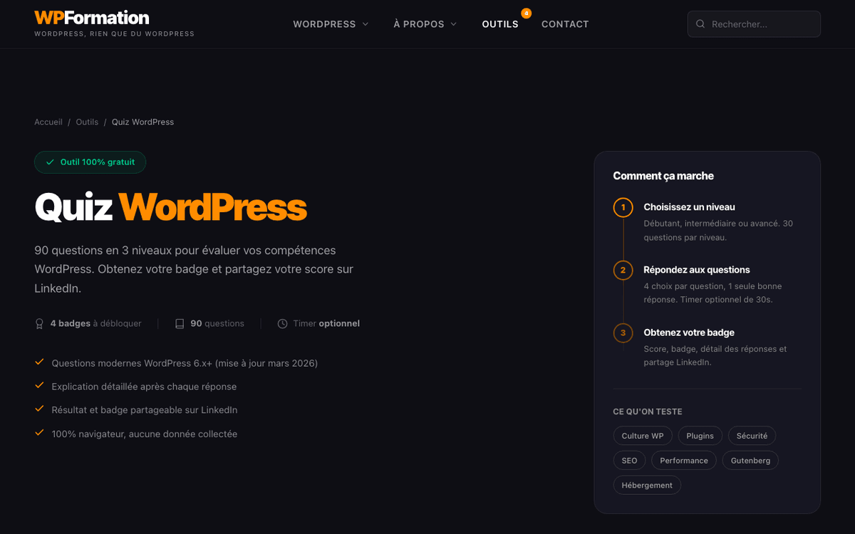 Écran de sélection des 3 niveaux du Quiz WordPress WPFormation