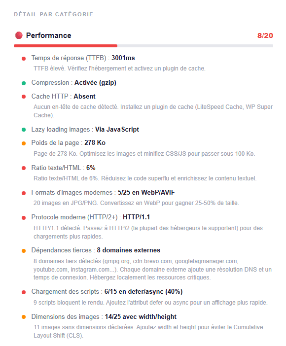 Performance (20 pts) : PageSpeed Insights mobile + desktop (score Google réel), Core Web Vitals informatifs etc