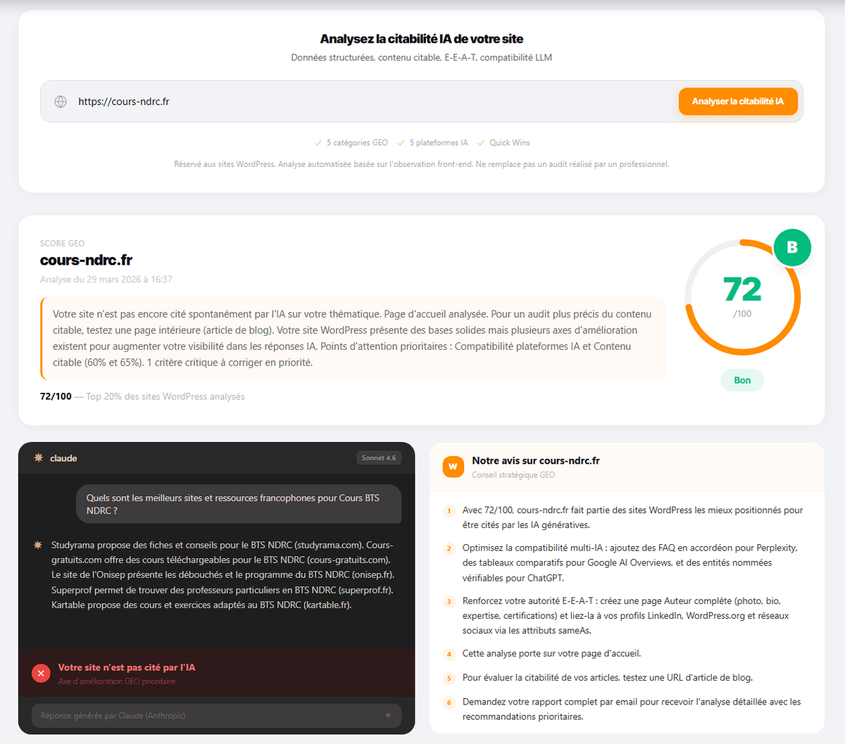 Résultat d'un audit GEO gratuit sur wpformation.com 