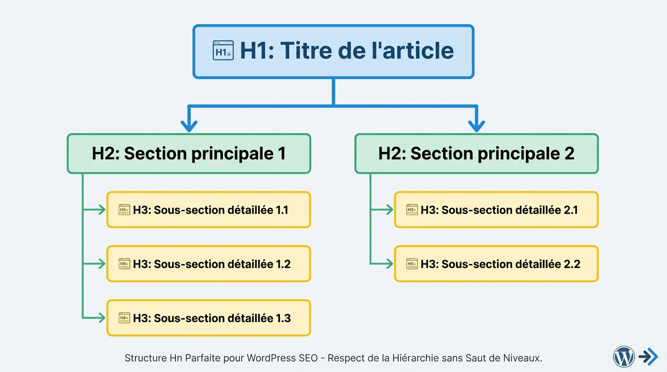 Structure des balises Hn WordPress : hiérarchie H1 H2 H3 avec indentation et règles SEO
