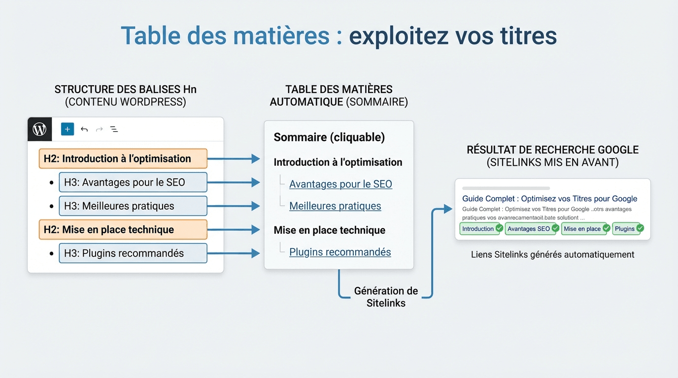 Table des matières WordPress : structure Hn, sommaire automatique et sitelinks Google