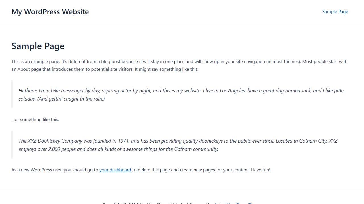 Astra WordPress - rendu par défaut après installation sur WordPress Playground