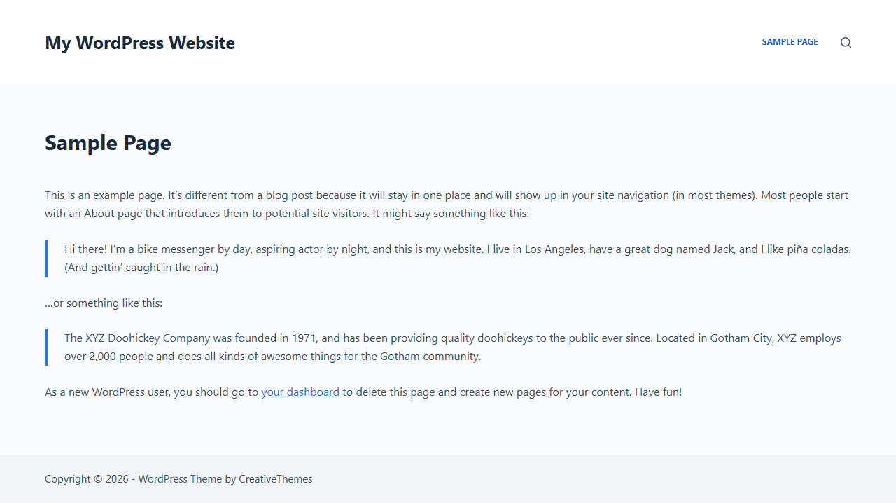 Blocksy WordPress - rendu par défaut sur WordPress Playground