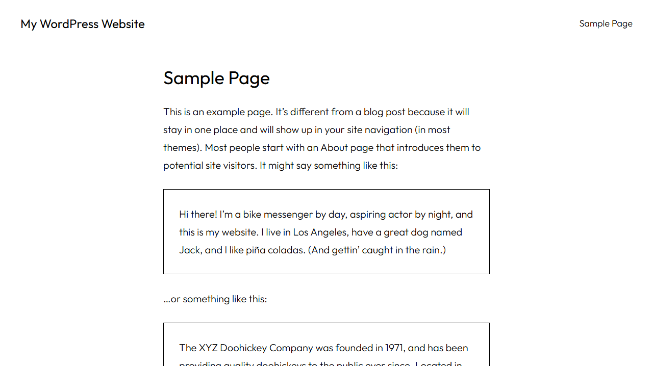 Frost FSE WordPress - homepage minimaliste sur WordPress Playground