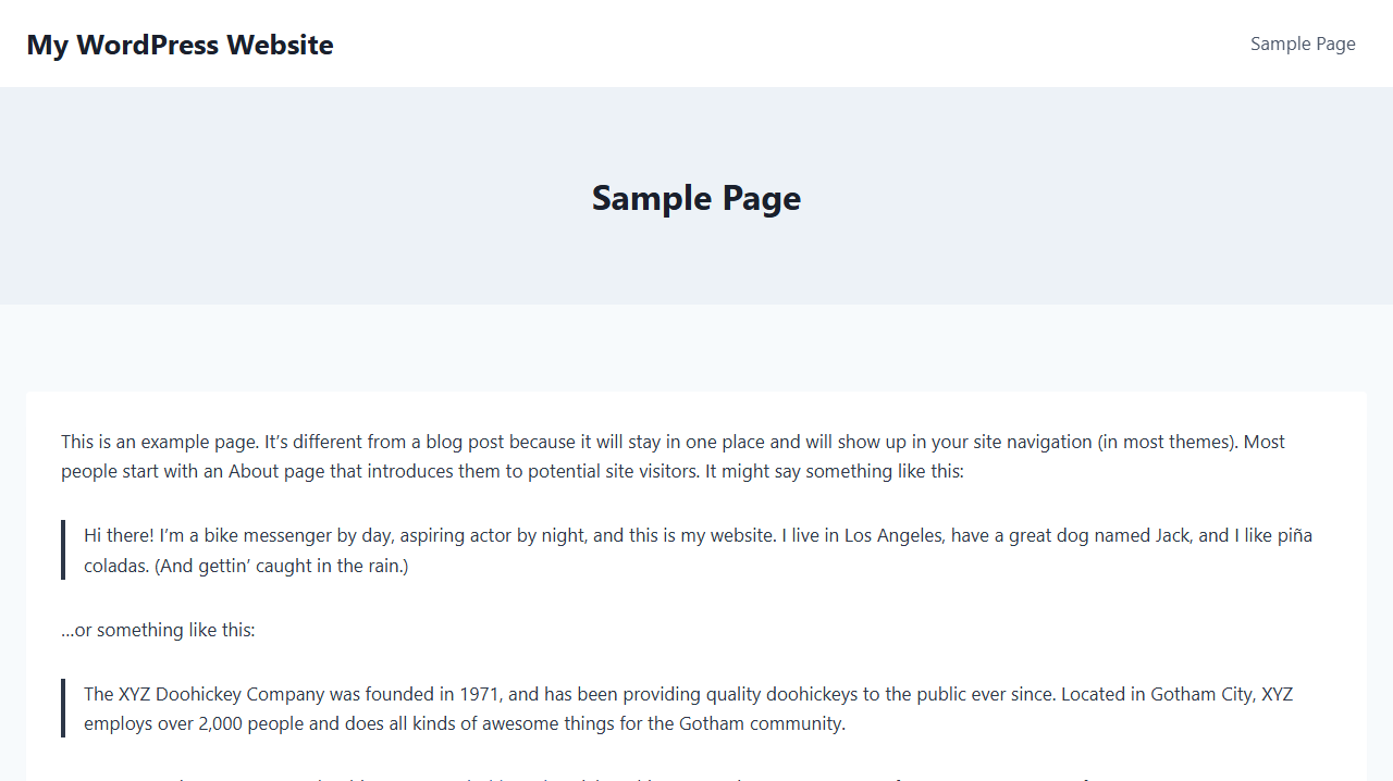 Kadence WordPress - rendu par défaut sur WordPress Playground