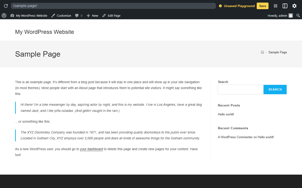 Aperçu du thème OceanWP sur WordPress Playground avec la Sample Page et la sidebar