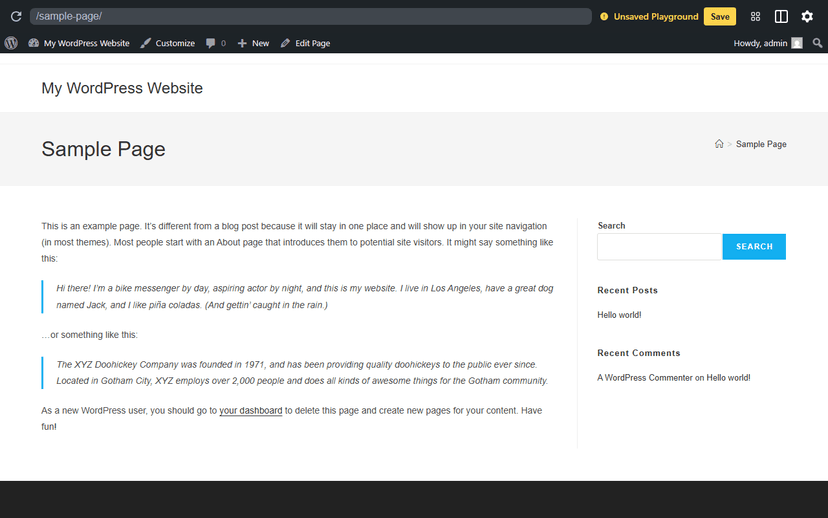 Aperçu du thème OceanWP sur WordPress Playground avec la Sample Page et la sidebar