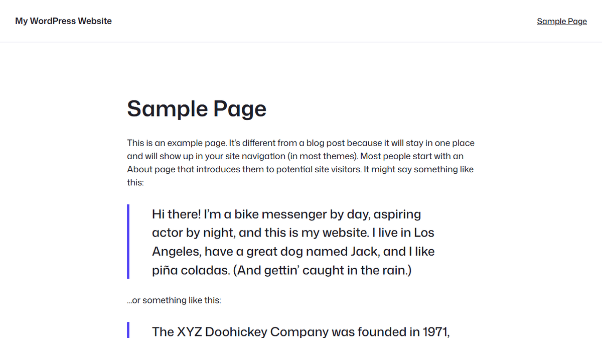 Ollie FSE WordPress - rendu par défaut avec patterns sur WordPress Playground