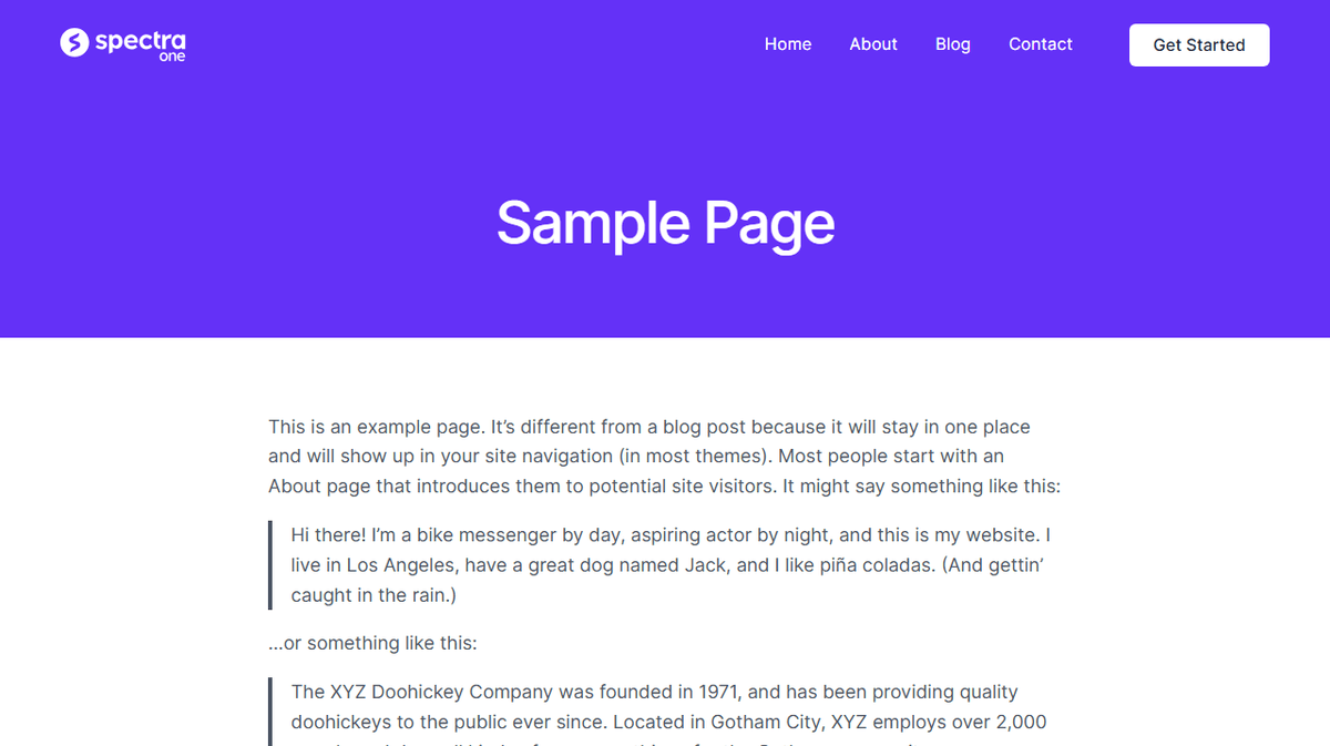 Spectra One FSE WordPress - homepage avec patterns sur WordPress Playground