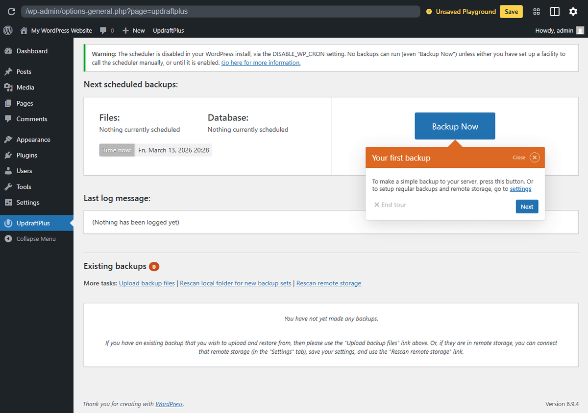 UpdraftPlus : bouton Backup Now, sauvegardes existantes et options de restauration WordPress