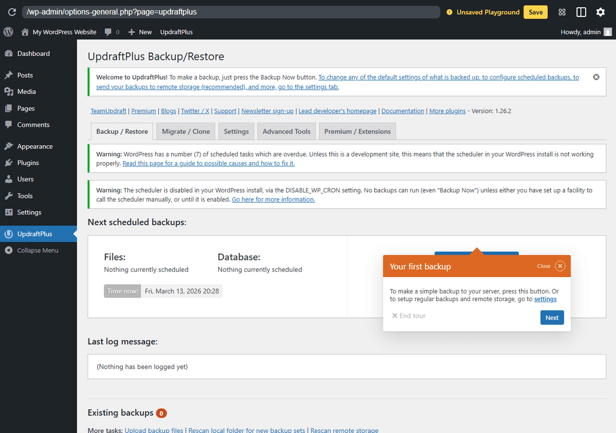 Interface UpdraftPlus Backup/Restore dans WordPress : onglets, planification des sauvegardes et bouton Backup Now