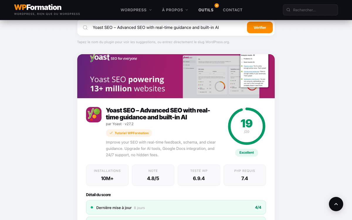 Score de confiance 19/20 pour Yoast SEO dans le Vérificateur de Plugins WPFormation