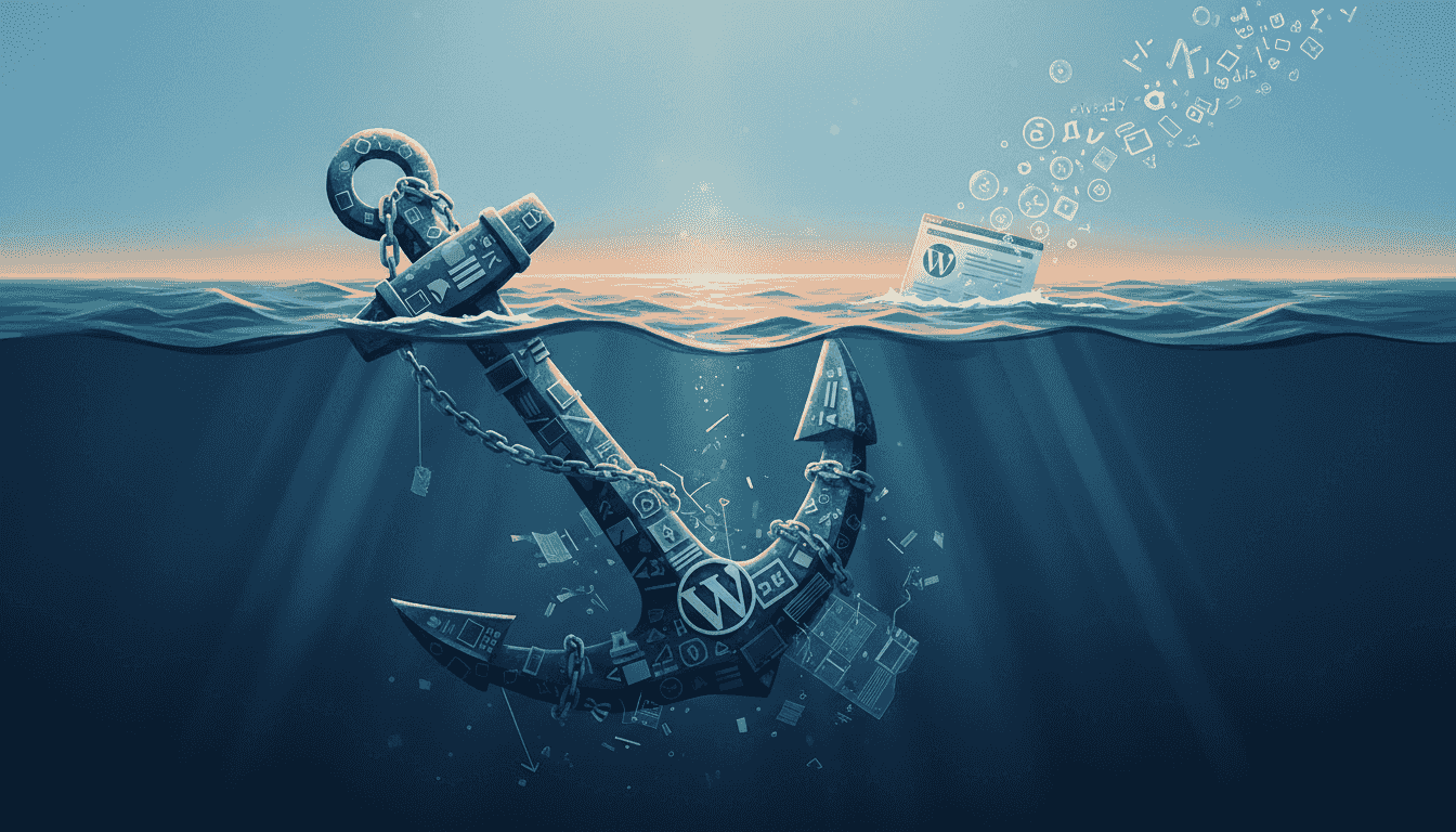 Métaphore du verrouillage propriétaire : une ancre de code entraîne un site WordPress vers le fond tandis qu'un autre flotte librement
