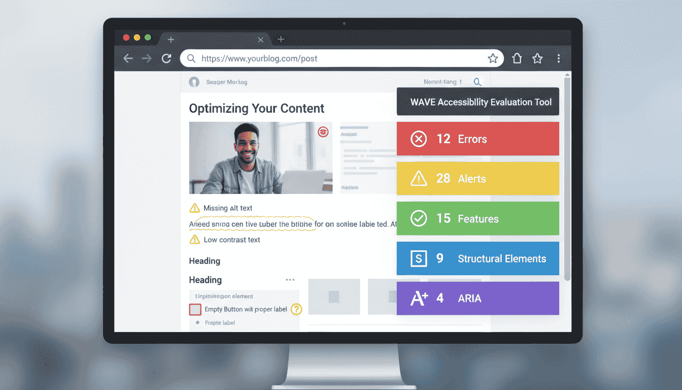 Interface WAVE Web Accessibility Evaluation Tool analysant un site WordPress : erreurs, alertes, éléments structurels et ARIA
