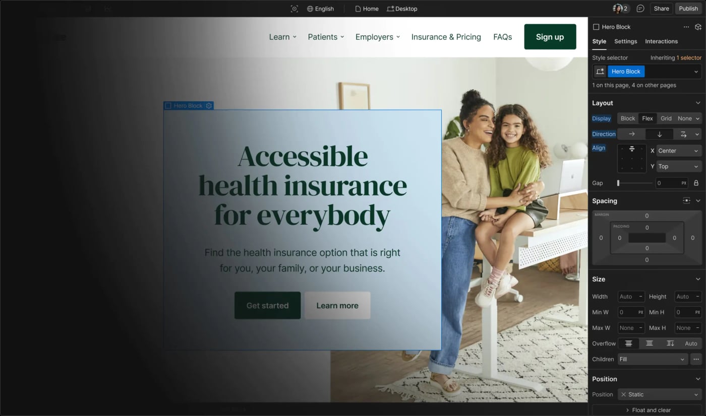 Capture officielle de l'interface Webflow Designer en 2026