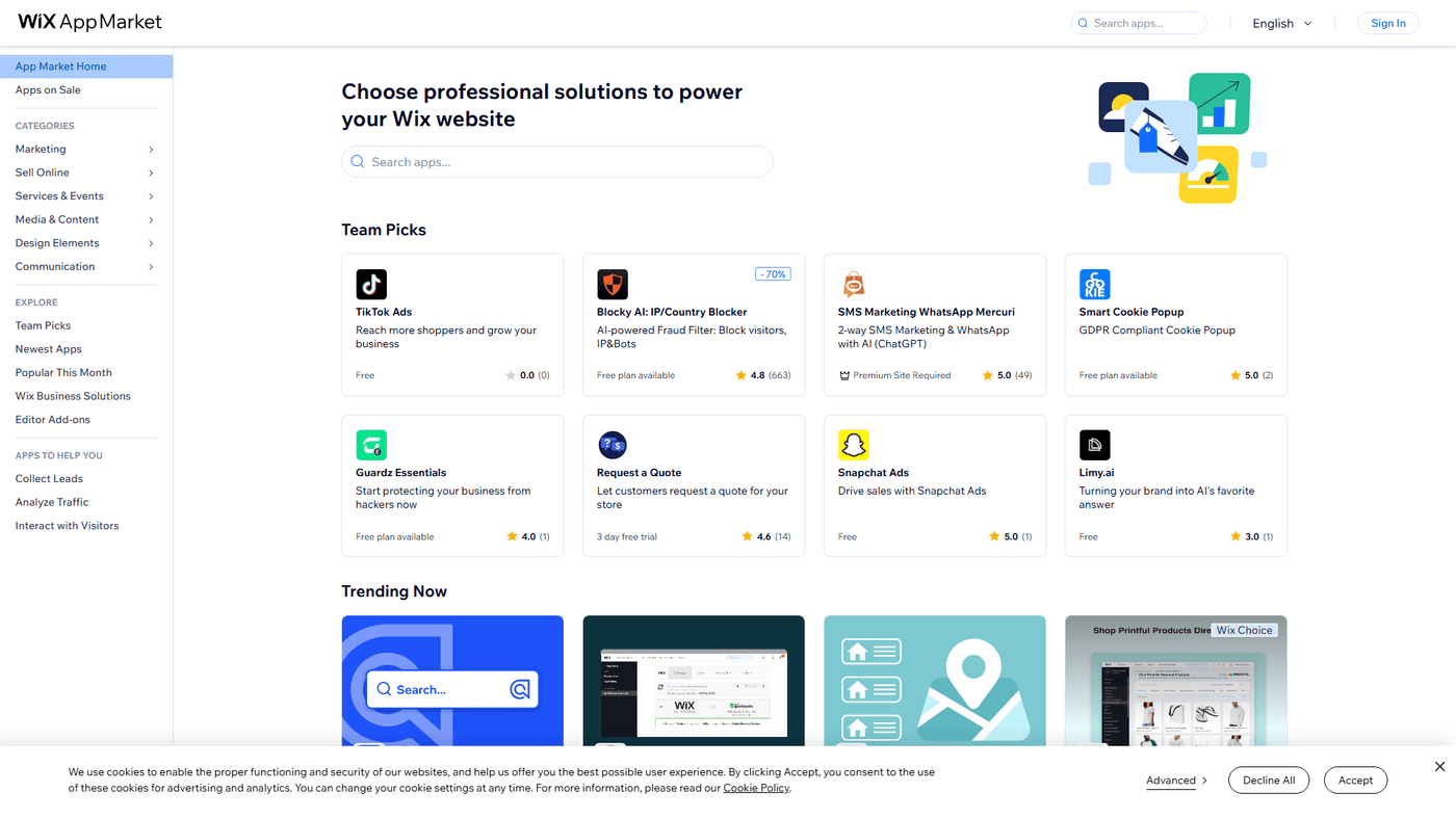 Wix App Market avec les applications recommandées et les catégories