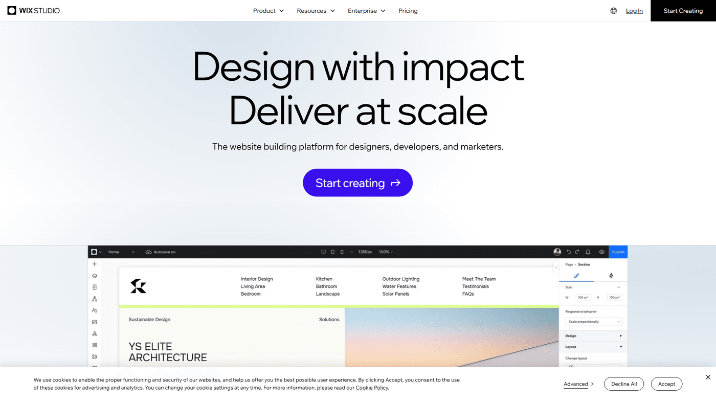 Éditeur Wix Studio avec interface de design drag and drop et grille responsive