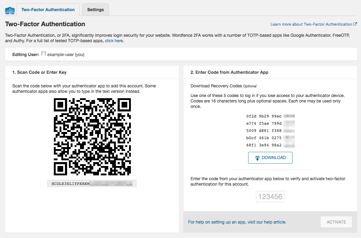 Configuration de l'authentification à deux facteurs (2FA) Wordfence avec QR code