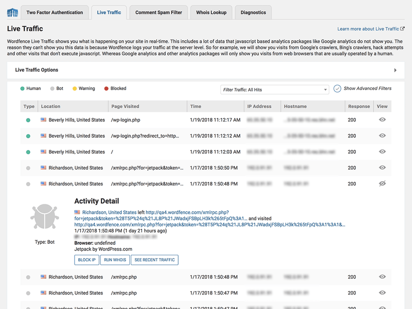 Wordfence Live Traffic - surveillance en temps réel du trafic et des tentatives d'exploitation