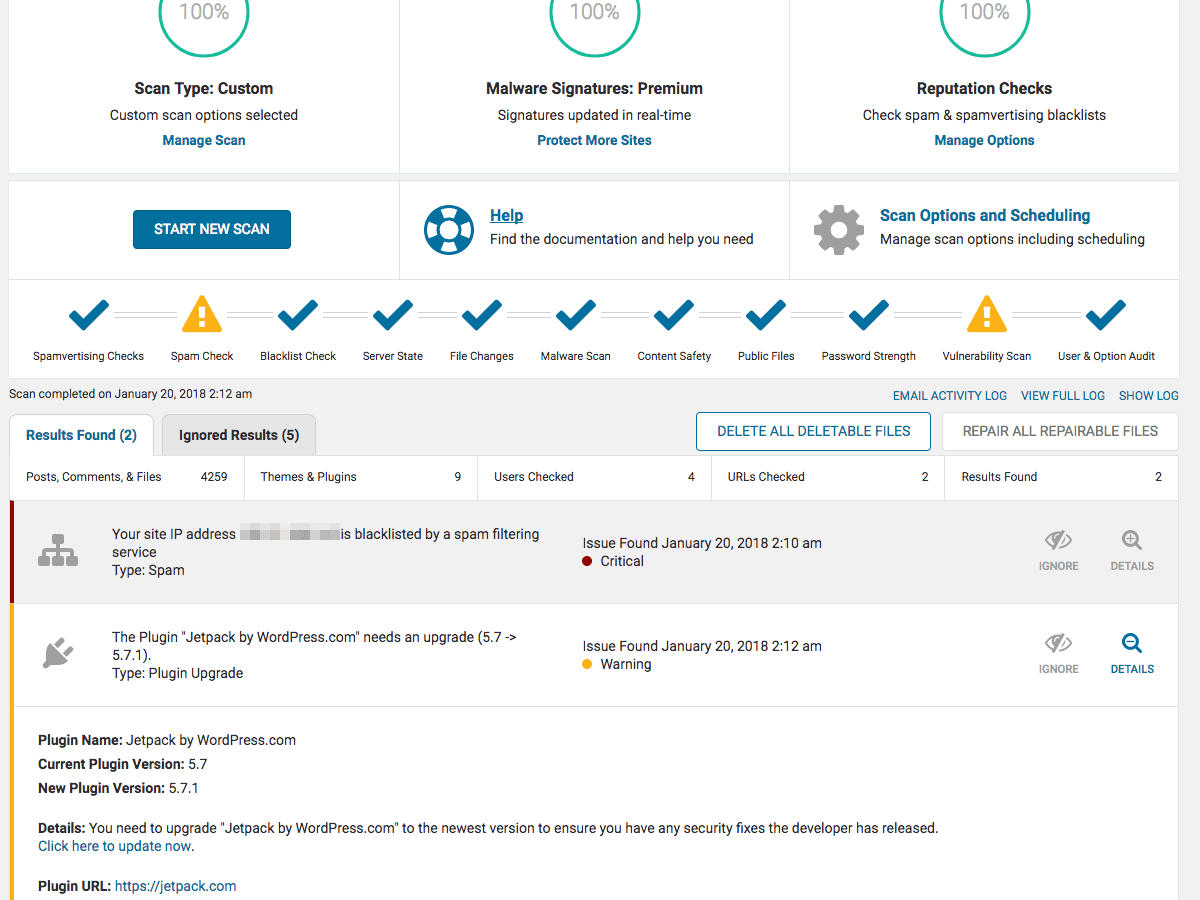 Résultats du scan Wordfence - détection de fichiers compromis et problèmes de sécurité