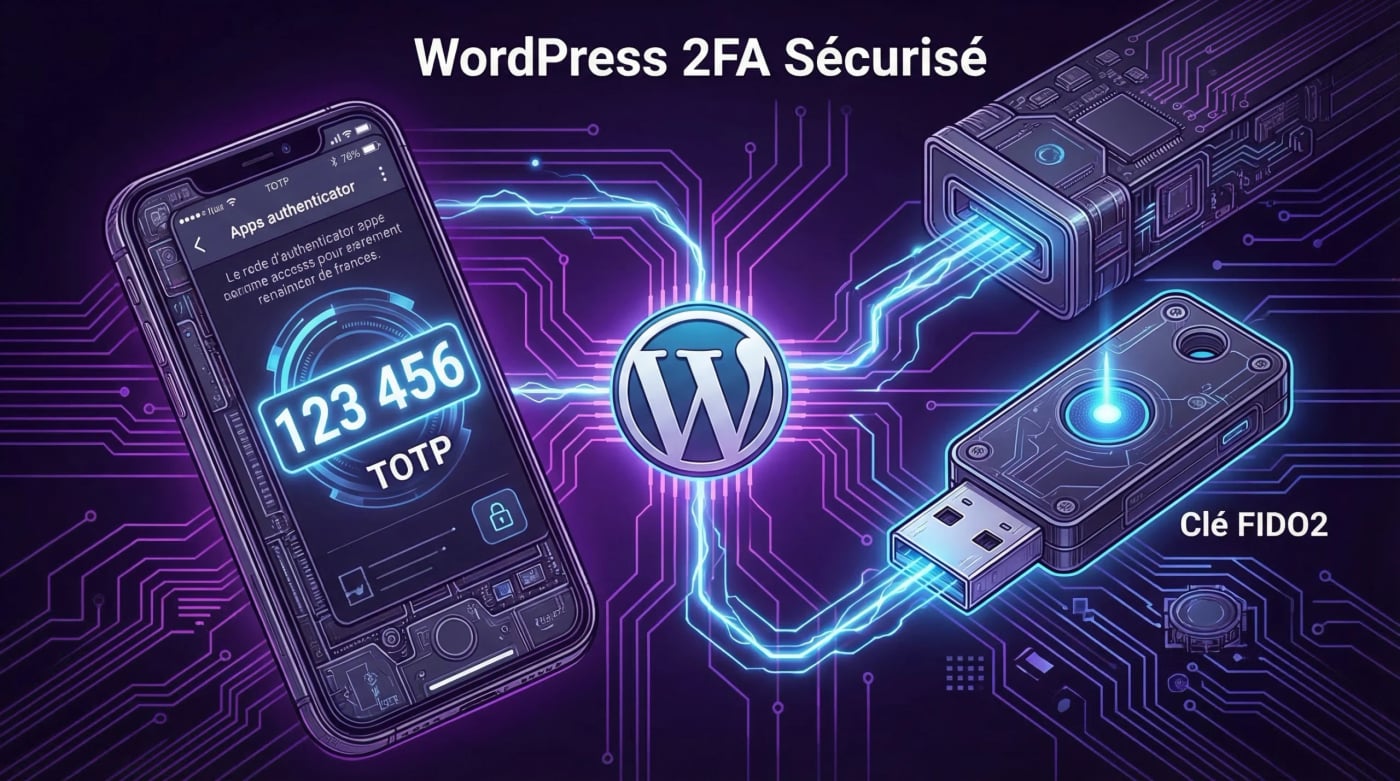 Les 4 methodes 2FA WordPress : TOTP, cle physique, email et SMS