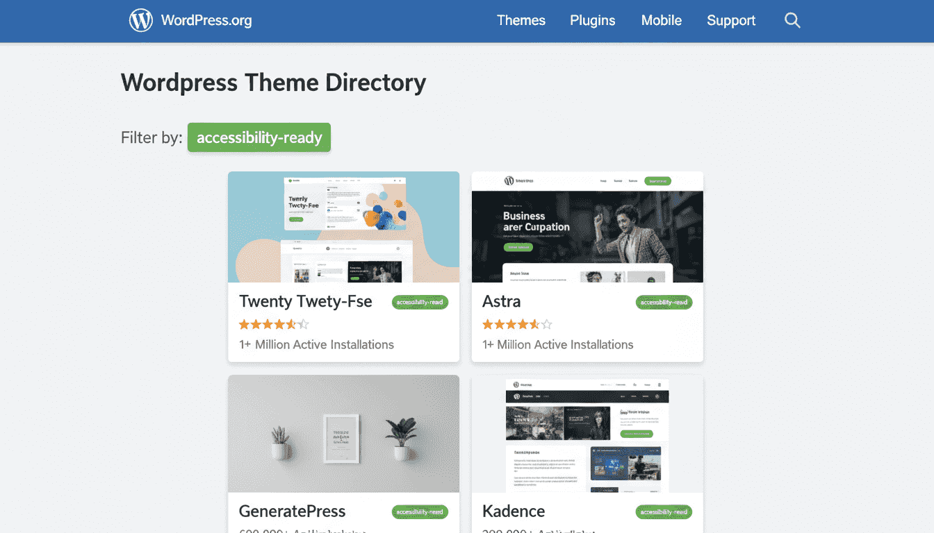 Répertoire thèmes WordPress.org avec tag accessibility-ready : Twenty Twenty-Five, Astra, GeneratePress, Kadence