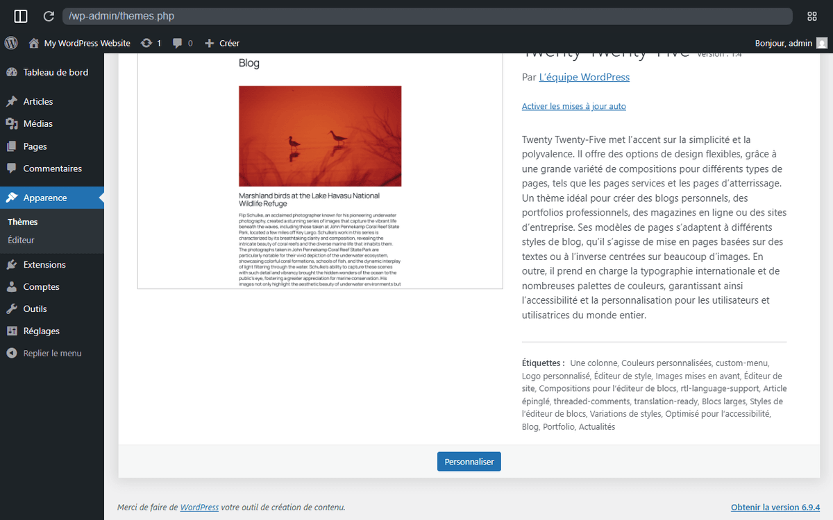 Écran Apparence Thèmes WordPress - galerie de thèmes avec Twenty Twenty-Five