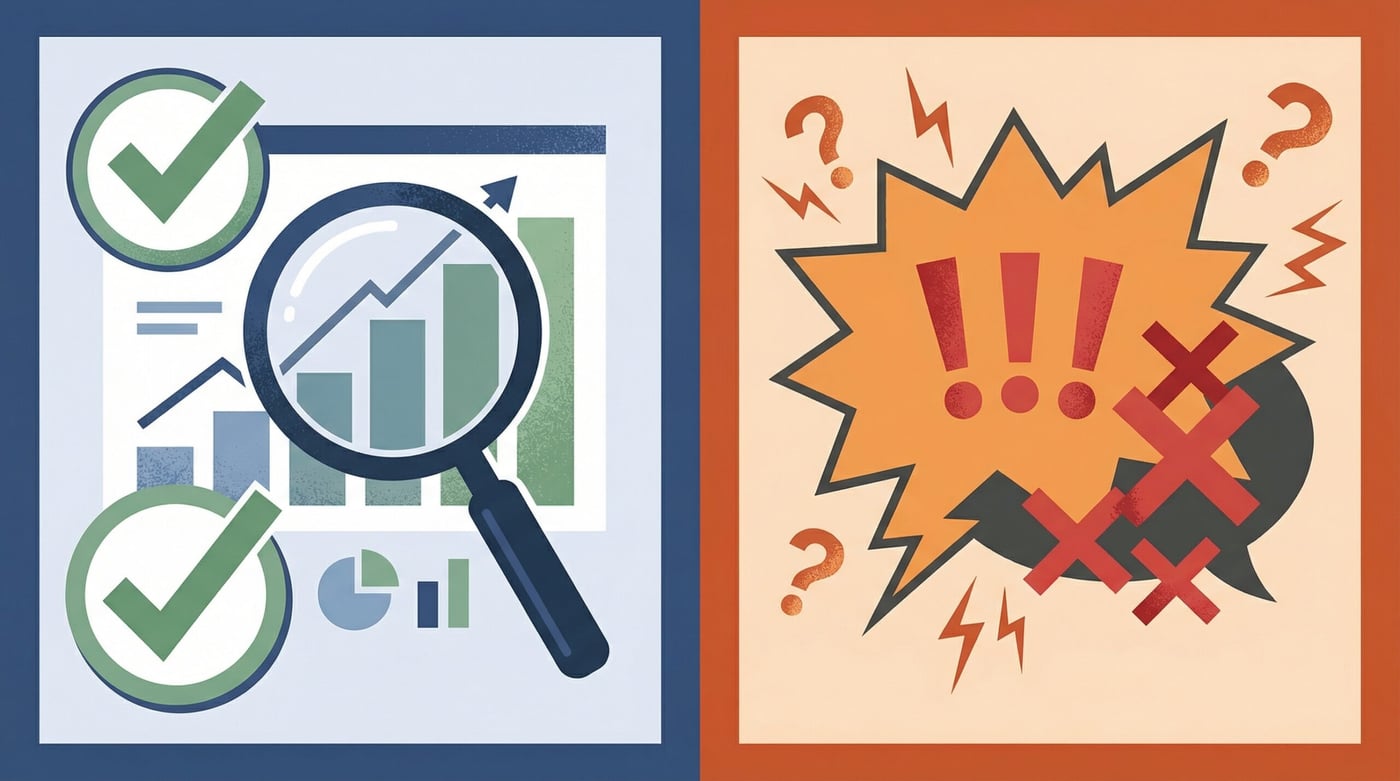 Illustration faits vérifiés contre mythes : loupe sur des données à gauche, fausses affirmations à droite