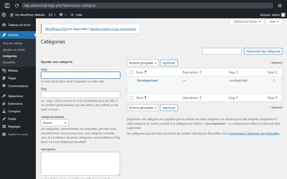 Écran Catégories WordPress - création et gestion des catégories d'articles