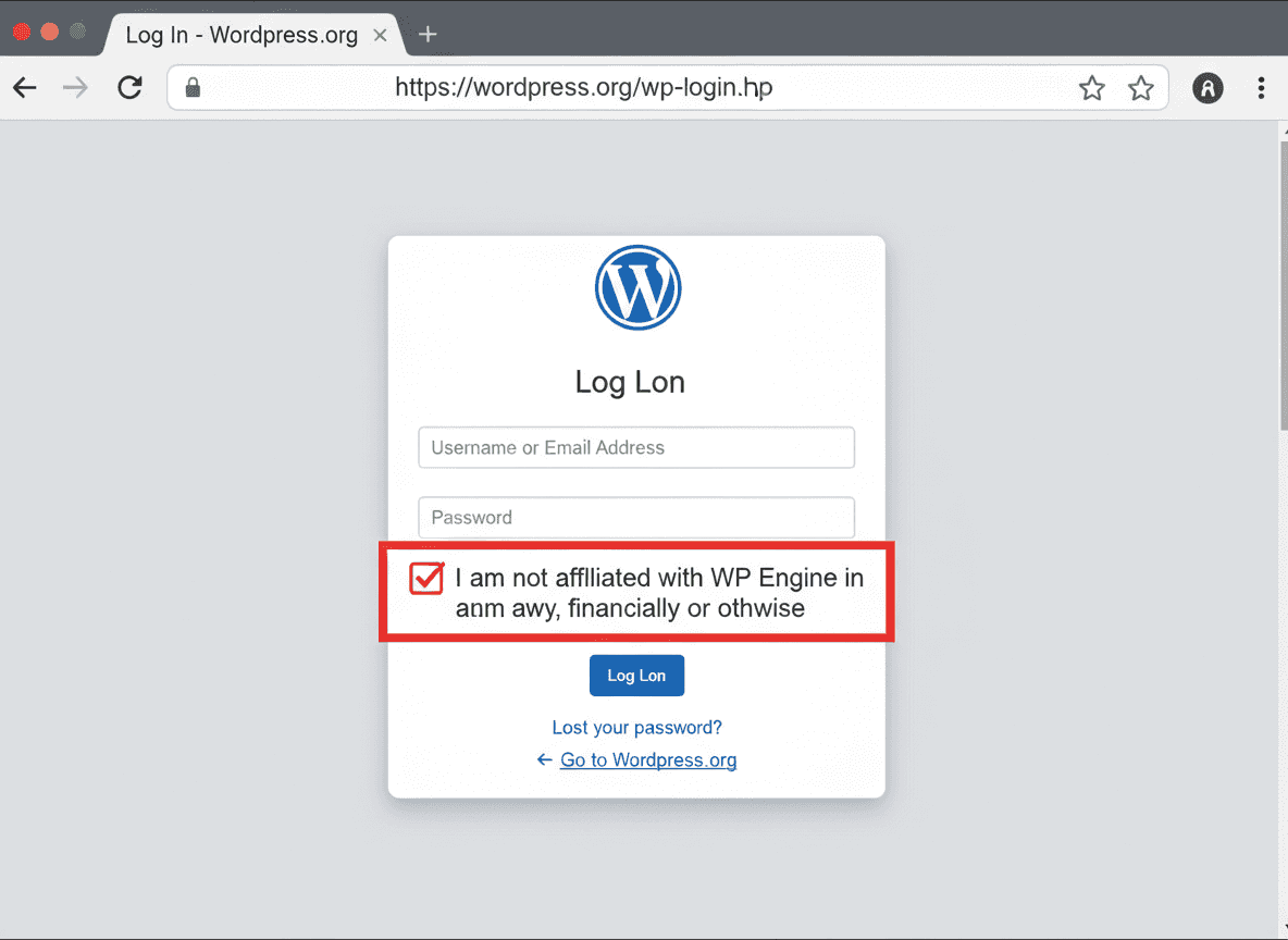 Case à cocher I am not affiliated with WP Engine sur la page de connexion WordPress.org