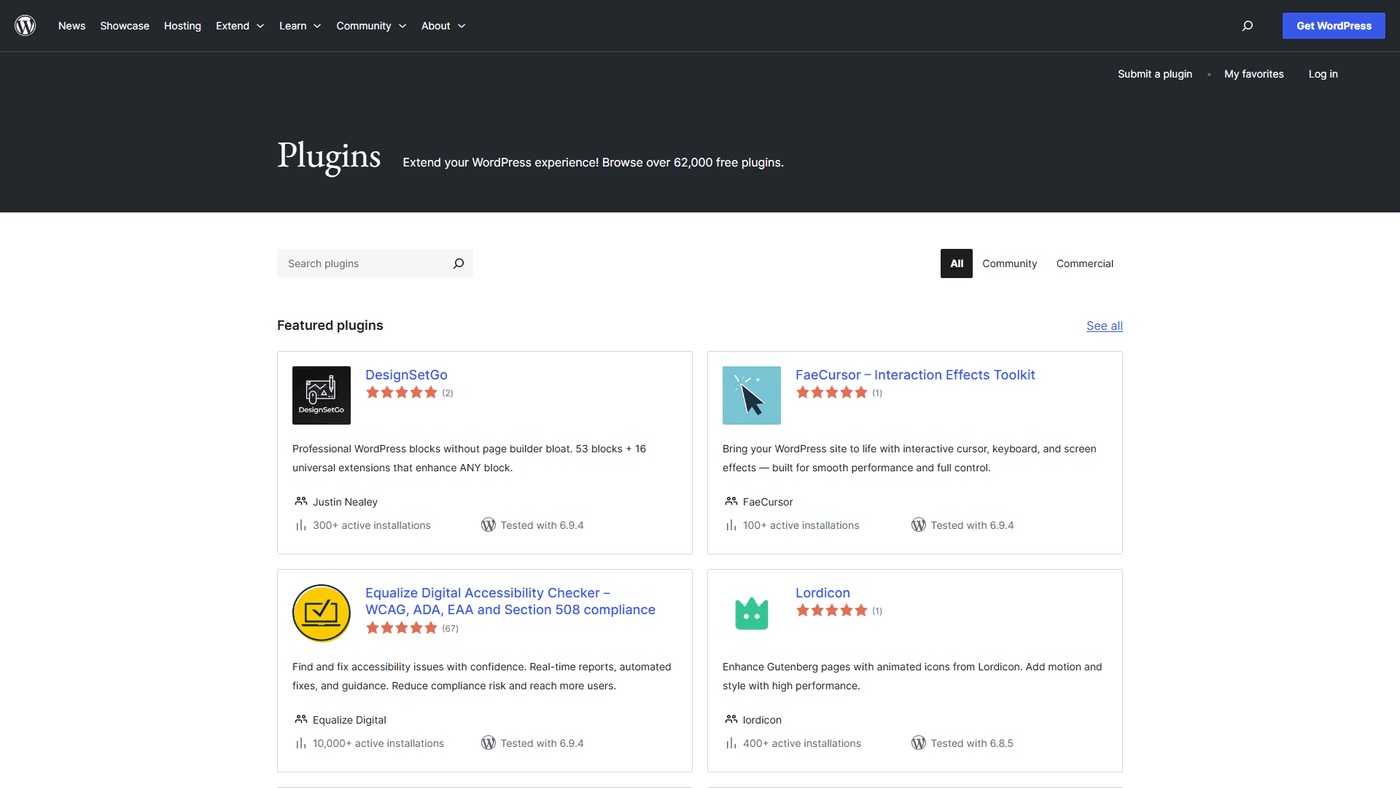 Répertoire officiel WordPress.org avec plus de 60 000 extensions gratuites