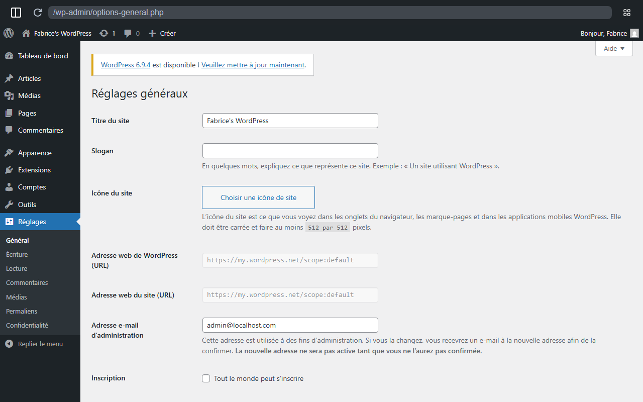 Écran Réglages Généraux WordPress - titre du site, slogan et fuseau horaire