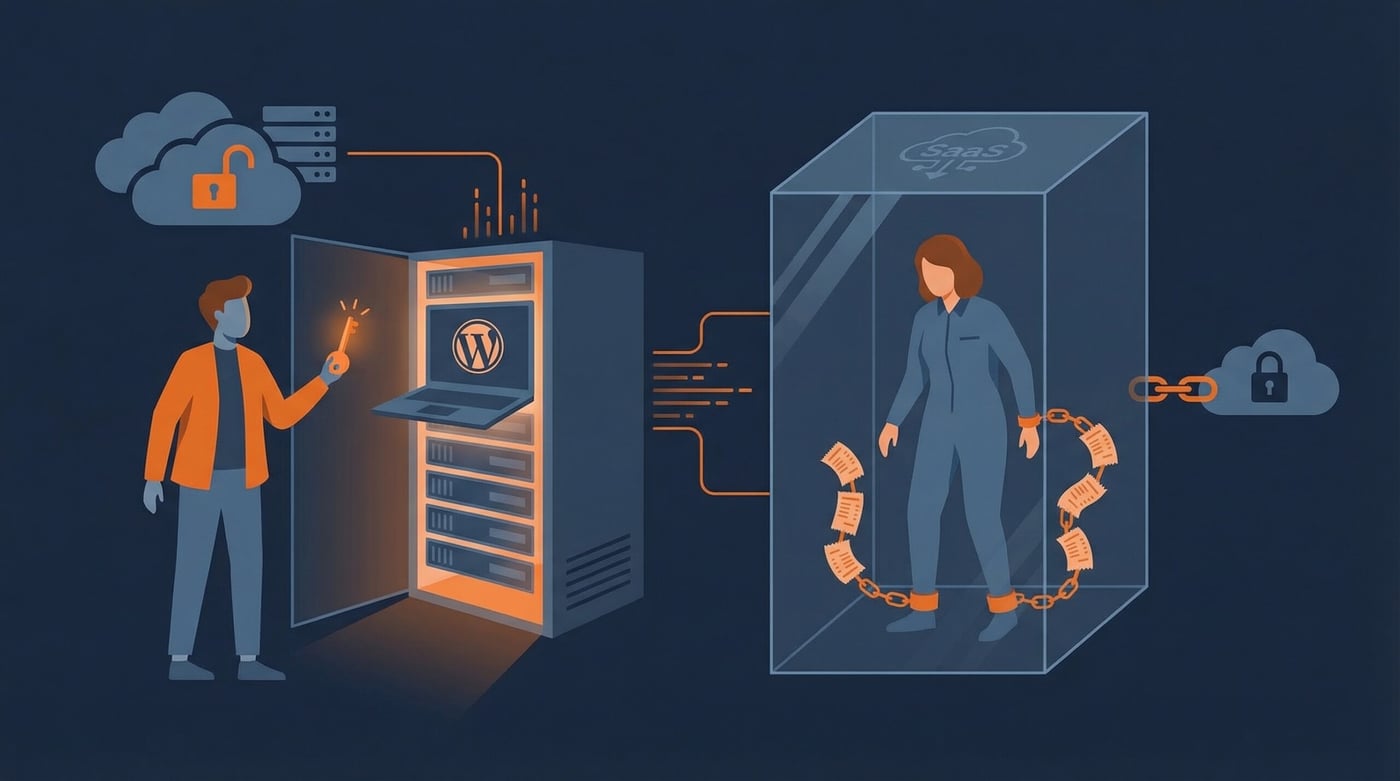 Illustration souveraineté numérique : propriétaire WordPress libre avec sa clé face à un utilisateur SaaS enfermé dans une boîte en verre