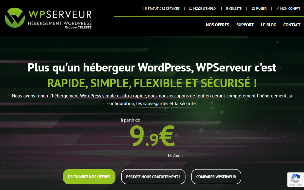 Page d'accueil WPServeur hébergement spécialisé WordPress français