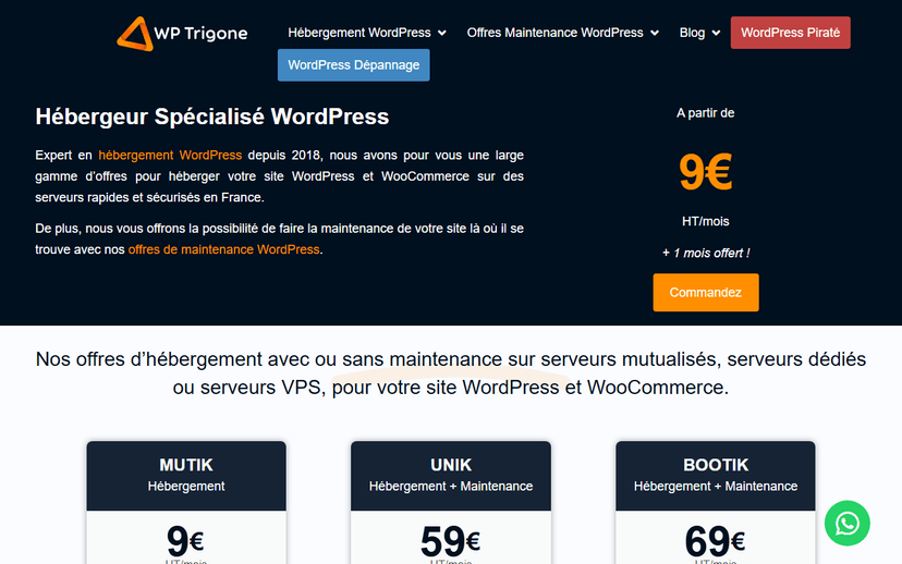Page d'accueil WP Trigone hébergeur spécialisé WordPress français : offres Mutik, Unik et Bootik
