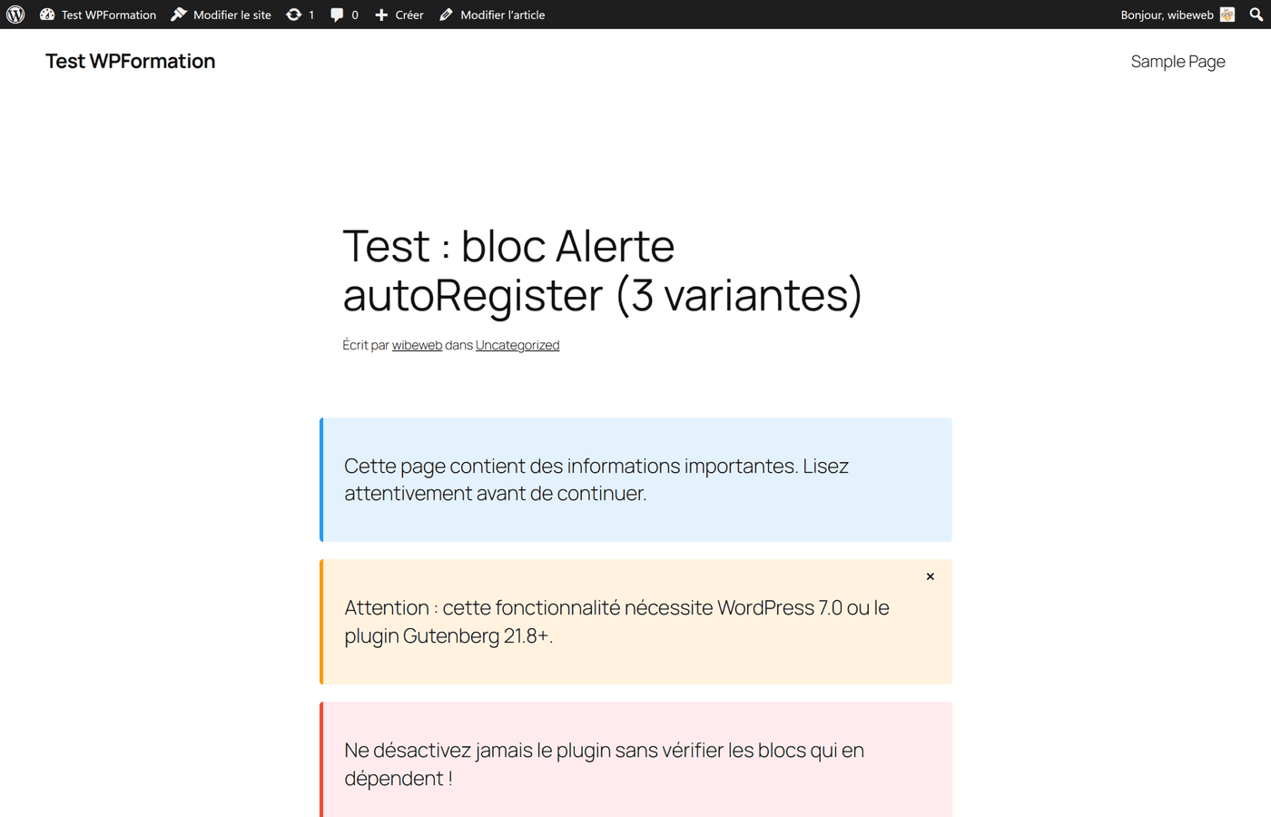 Rendu front-end de trois blocs alerte autoRegister sur WordPress 7.0 : info (bleu), warning (orange) et danger (rouge)