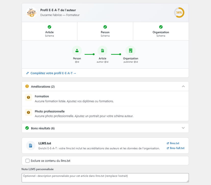 Metabox OGEEAT montrant le profil E-E-A-T de l'auteur avec les schémas Person, Article et Organization