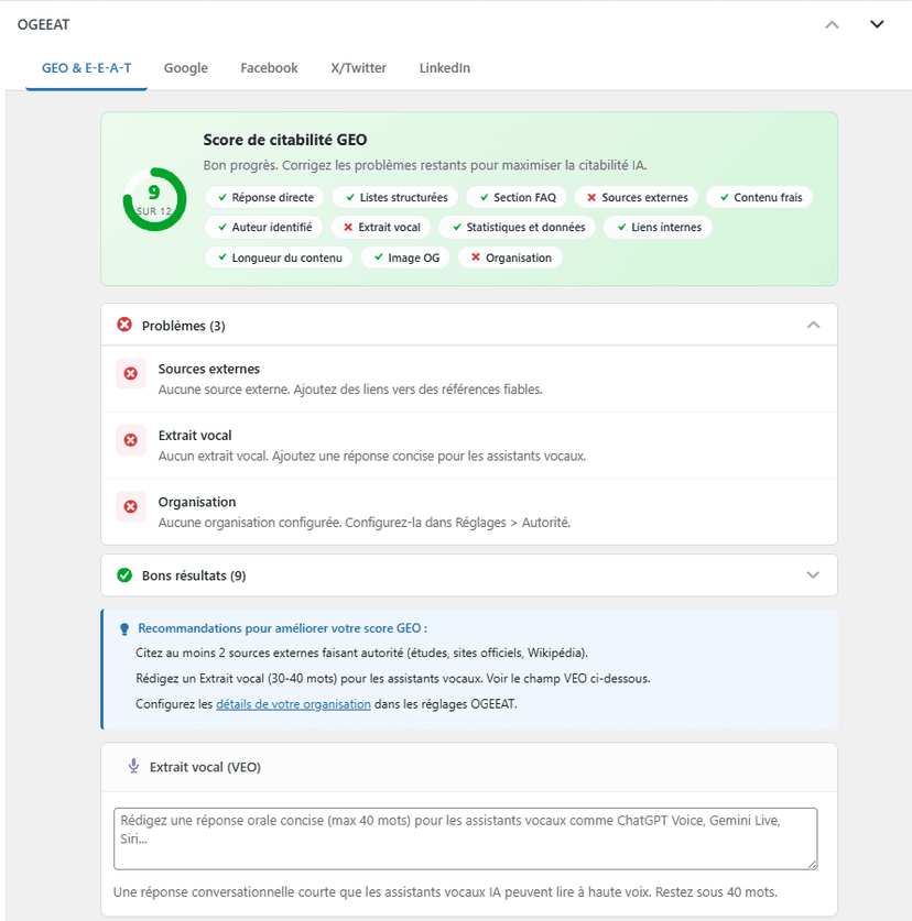 Score de citabilité GEO dans la metabox OGEEAT avec les 12 vérifications et leurs statuts