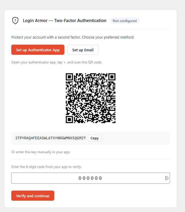 Configuration 2FA Login Armor avec QR code TOTP et clé de récupération à recopier