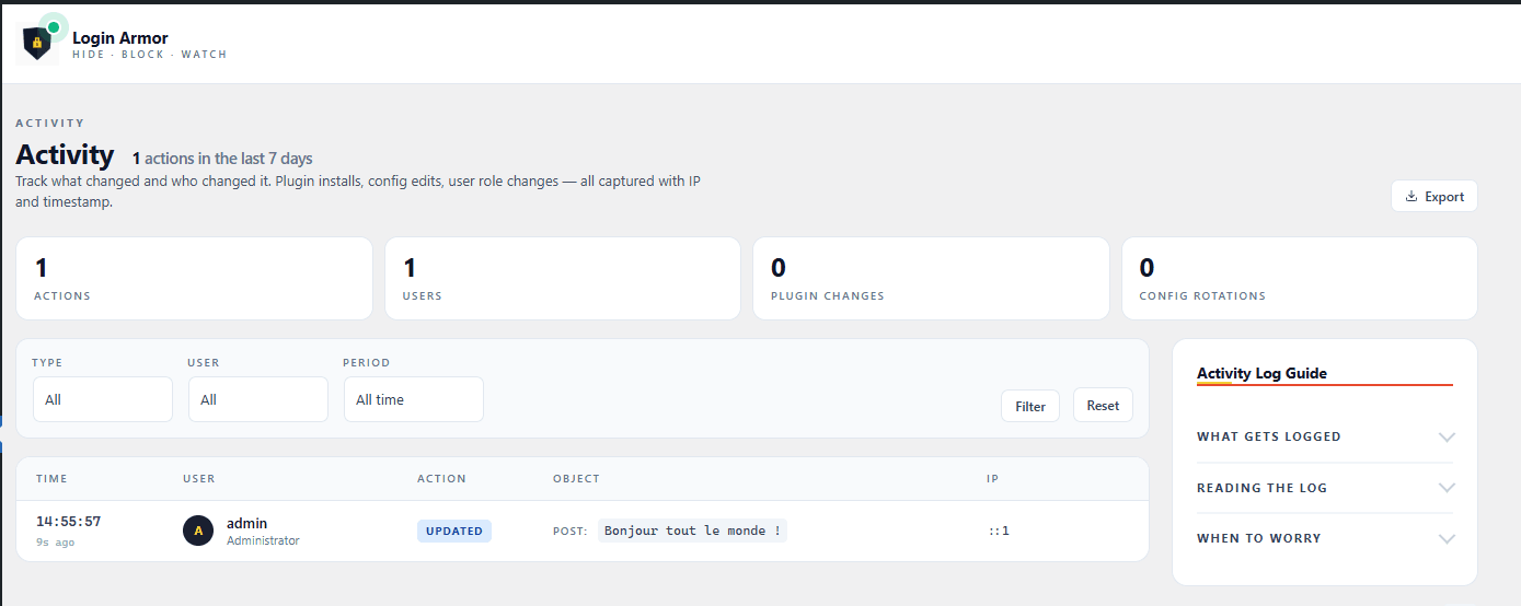 Journal d'audit Login Armor des actions administrateur : qui, quoi, quand, depuis quelle IP