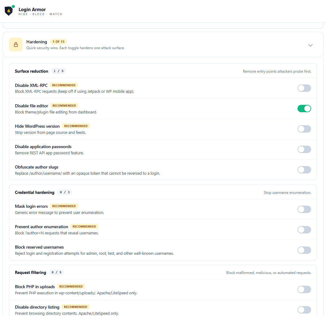 Les 13 toggles de durcissement WordPress en 3 familles : surface, identifiants, requêtes