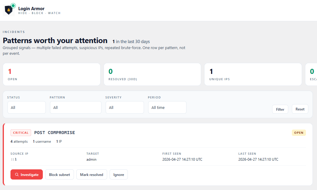 Écran Incidents Login Armor : pattern POST COMPROMISE critical, regroupement par attaque, actions inline