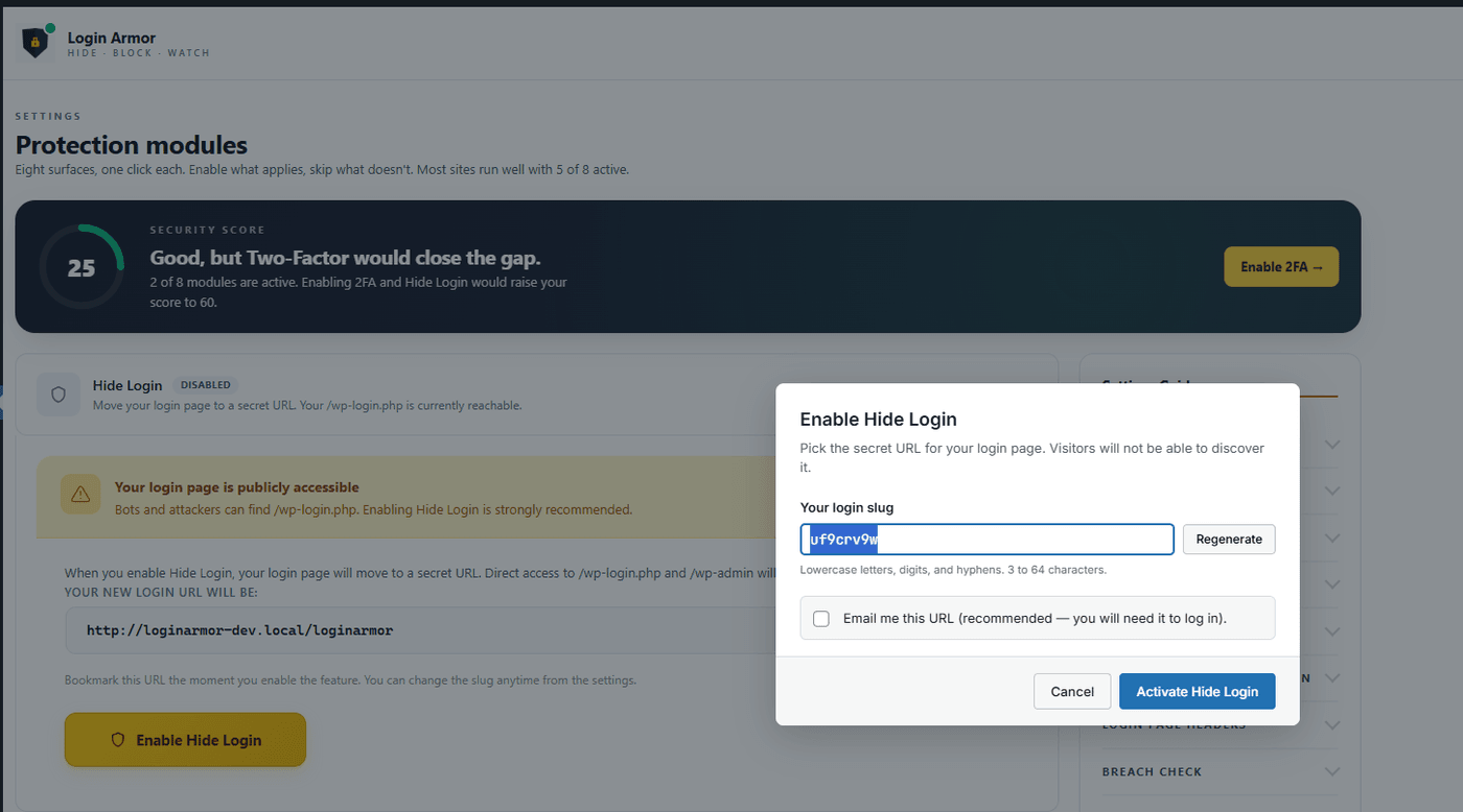 Modale d'activation Hide Login : choisir un slug aléatoire ou personnalisé avec option d'envoi par mail