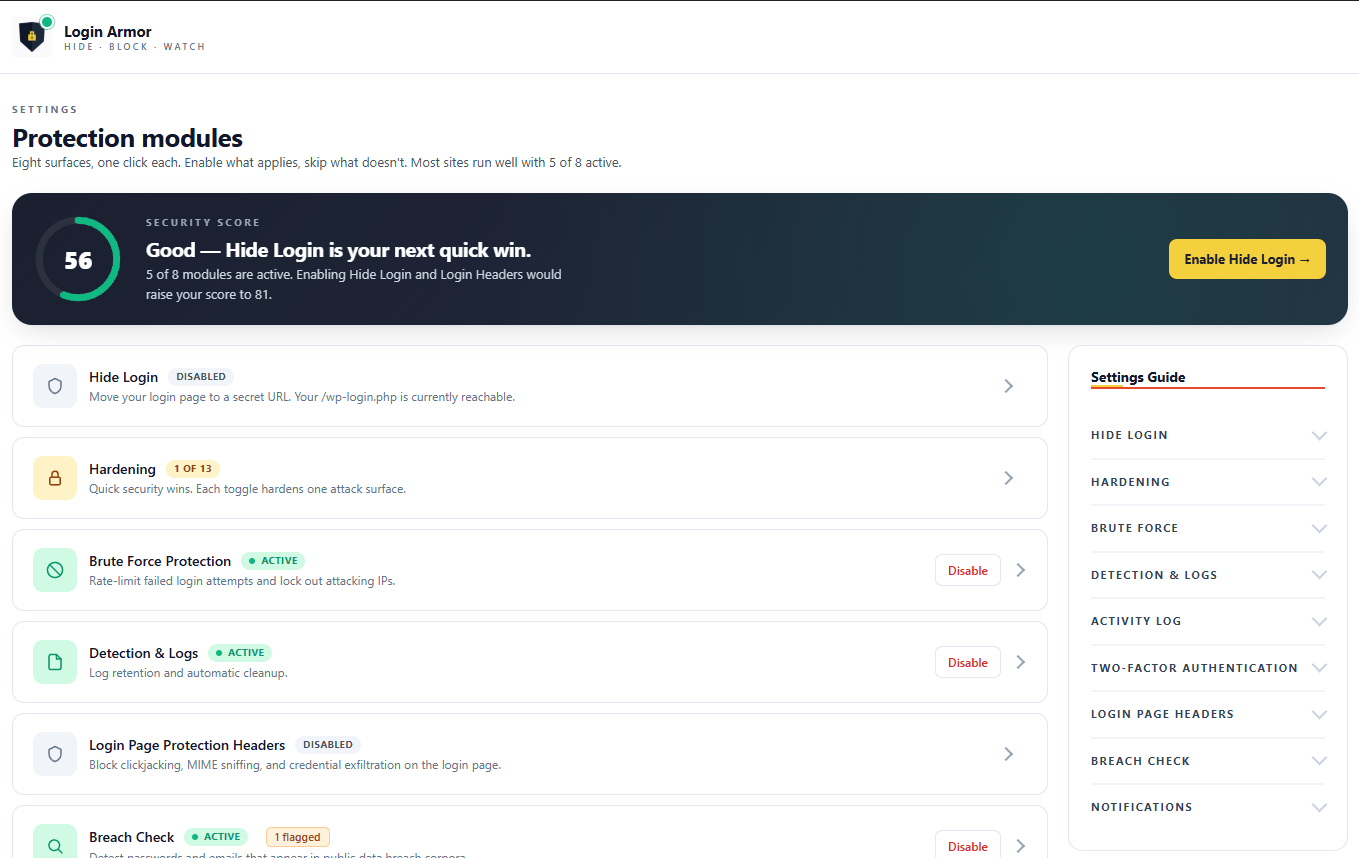 Écran Réglages Login Armor avec score de sécurité 0-100 et nudges contextuels