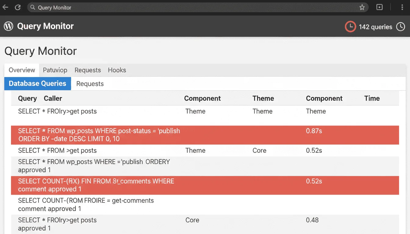 Interface de Query Monitor affichant les requêtes SQL par composant sur un site WordPress