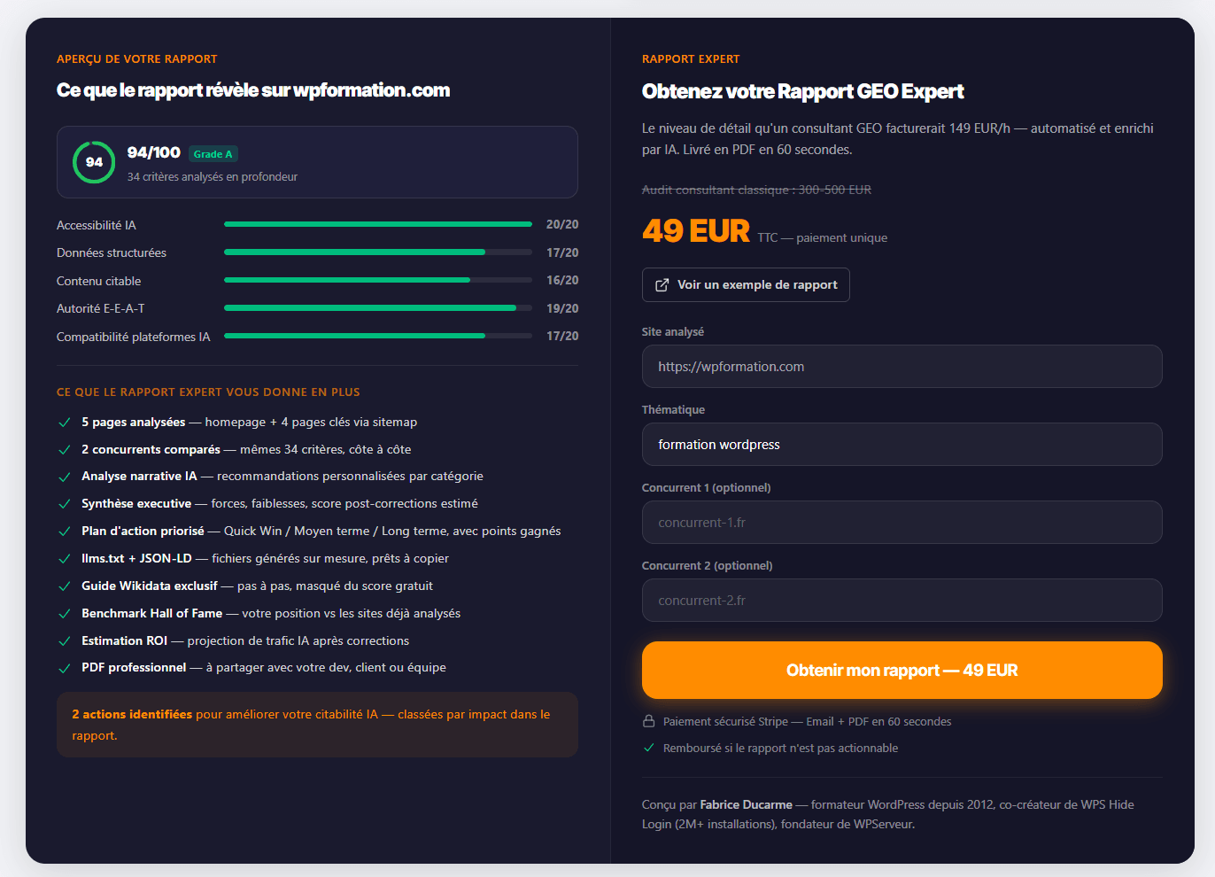 Rapport GEO Expert wpformation.com : aperçu du rapport et formulaire de commande à 49 EUR