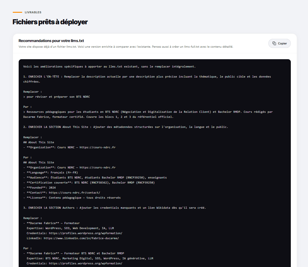 Rapport GEO Expert : fichiers llms.txt et JSON-LD prêts à déployer