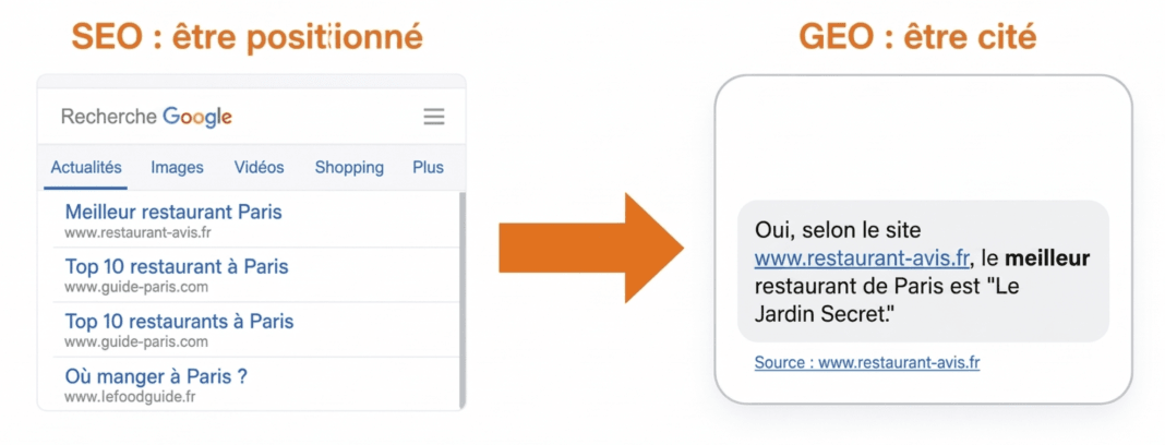Infographie SEO vs GEO : être positionné dans les liens bleus vs être cité par les IA génératives