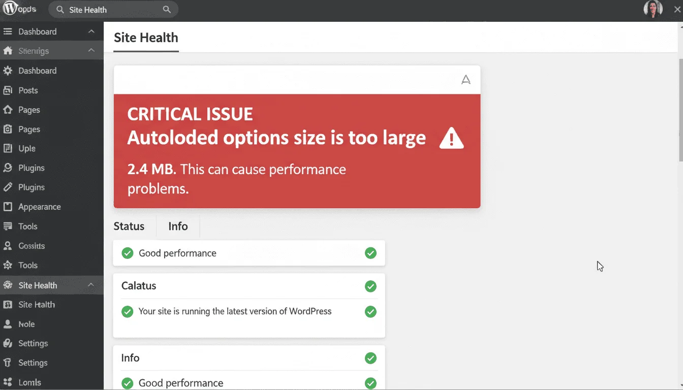 Écran Santé du site WordPress affichant une alerte critique sur la taille autoload de wp_options